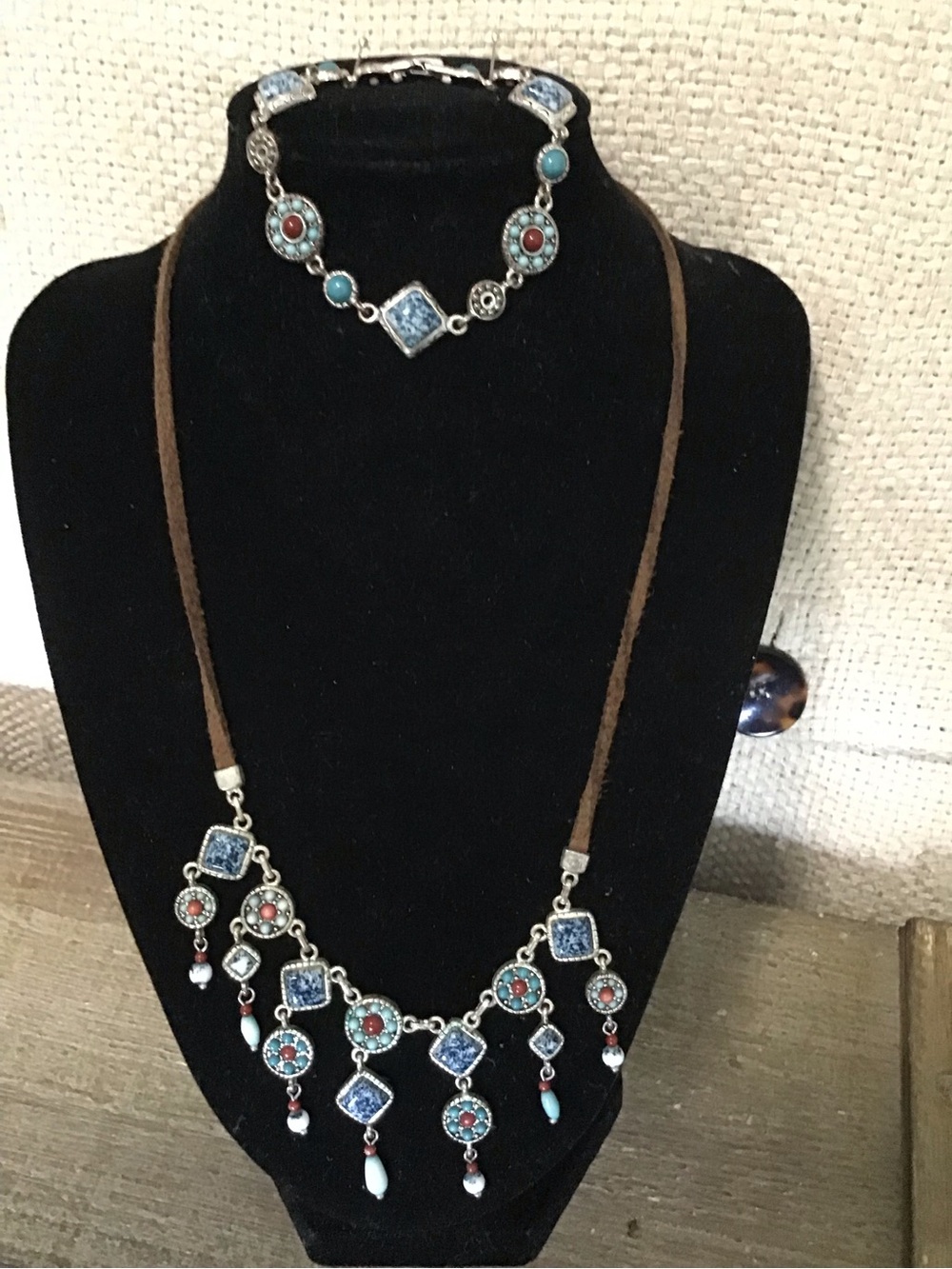Boho Turquoise & Coral Pendant Necklace with Brown Suede Cord